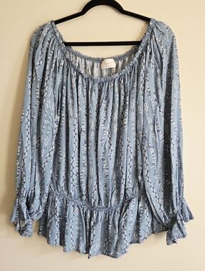 Light Blue Floral Peasant Blouse with Ruffle Hem California